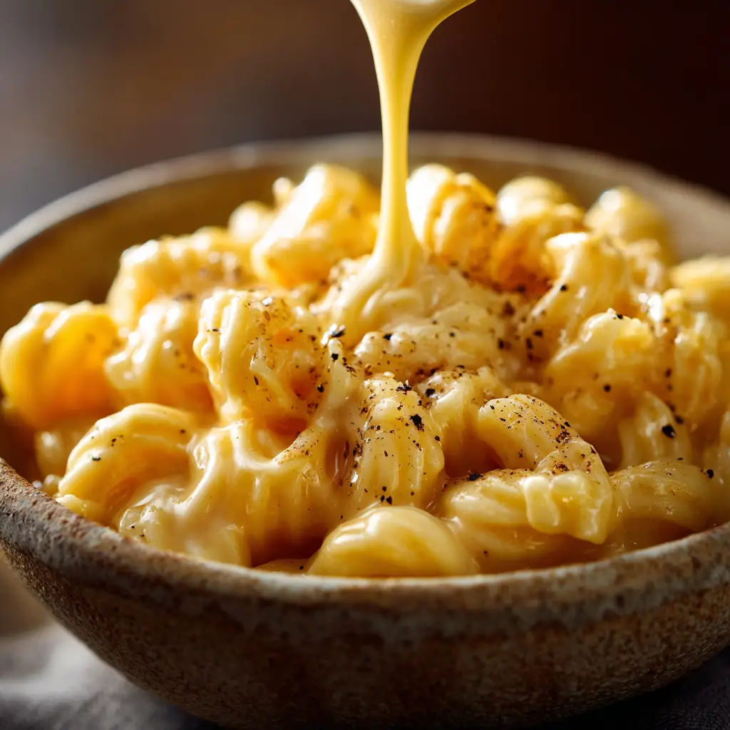 A spoonful of easy stovetop mac and cheese, highlighting the perfectly cooked pasta and smooth cheese sauce.