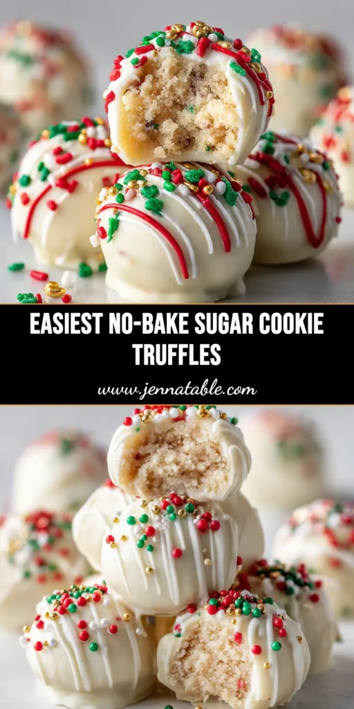 A close-up shot of several white chocolate sugar cookie truffles decorated with colorful sprinkles, with one truffle cut in half to show the creamy center.
