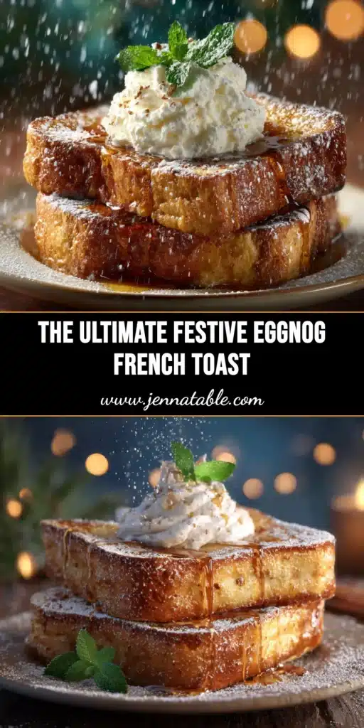 A plate of perfectly golden-brown Eggnog French Toast, dusted with powdered sugar and served with a side of fresh cranberries for a festive holiday breakfast.