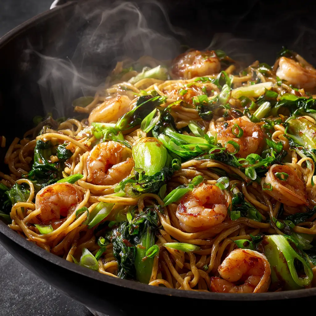 A beautiful final plated serving of the shrimp and noodle stir fry in a rustic bowl, garnished with sesame seeds and fresh green onions.