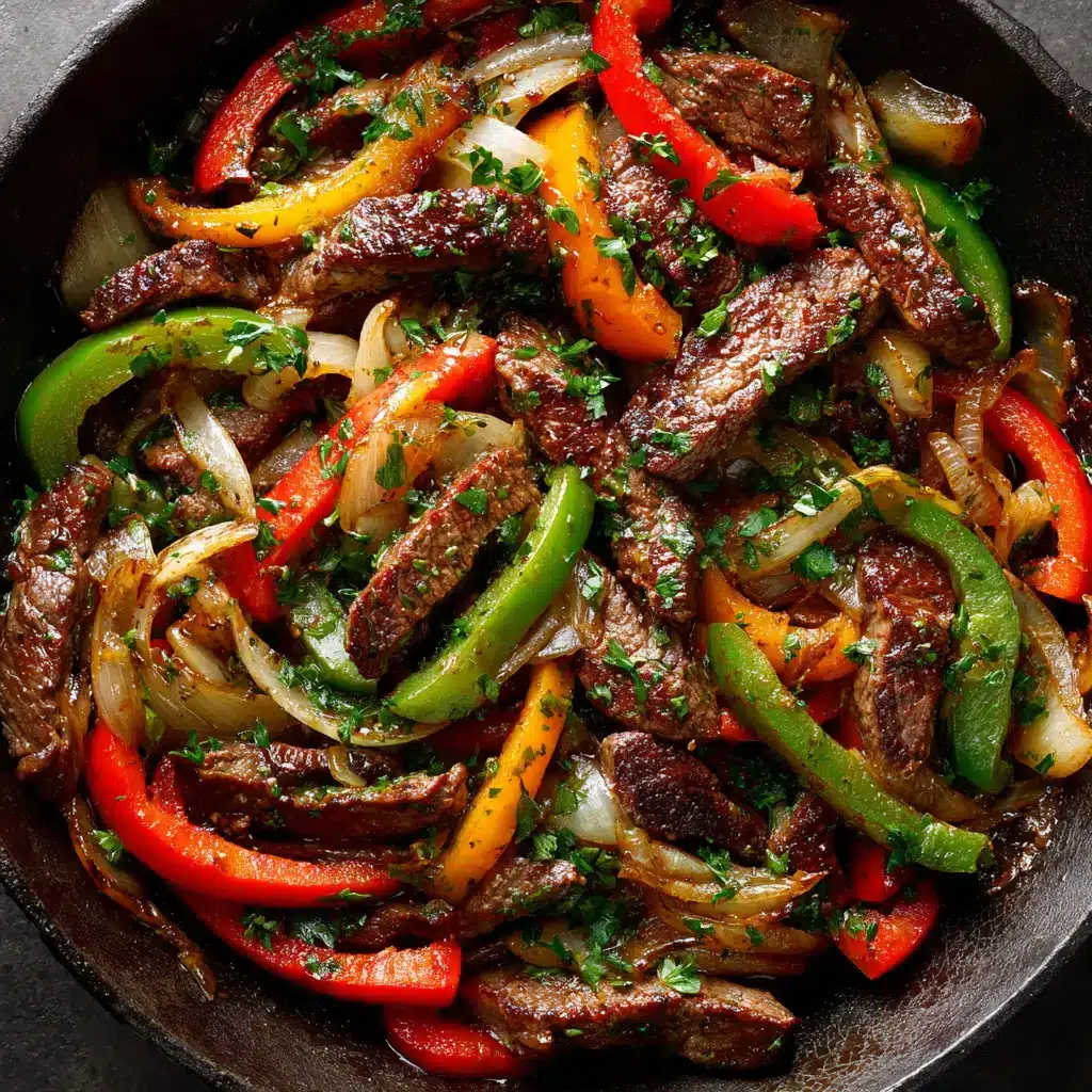 A close-up overhead shot of the finished pepper steak, showing the glossy sauce coating the tender beef and crisp vegetables before serving.