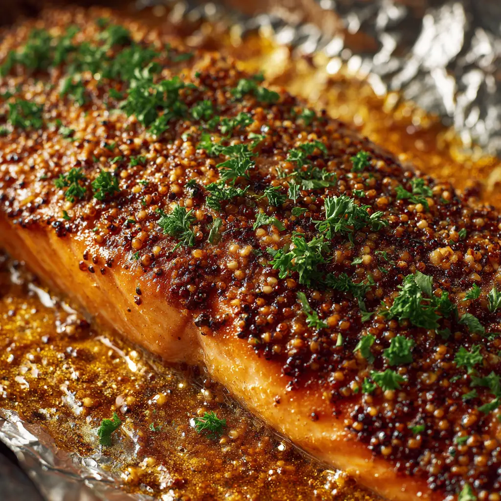 A honey mustard salmon fillet being flaked with a fork to show its moist and tender interior. The healthy salmon recipe results in a perfect texture.
