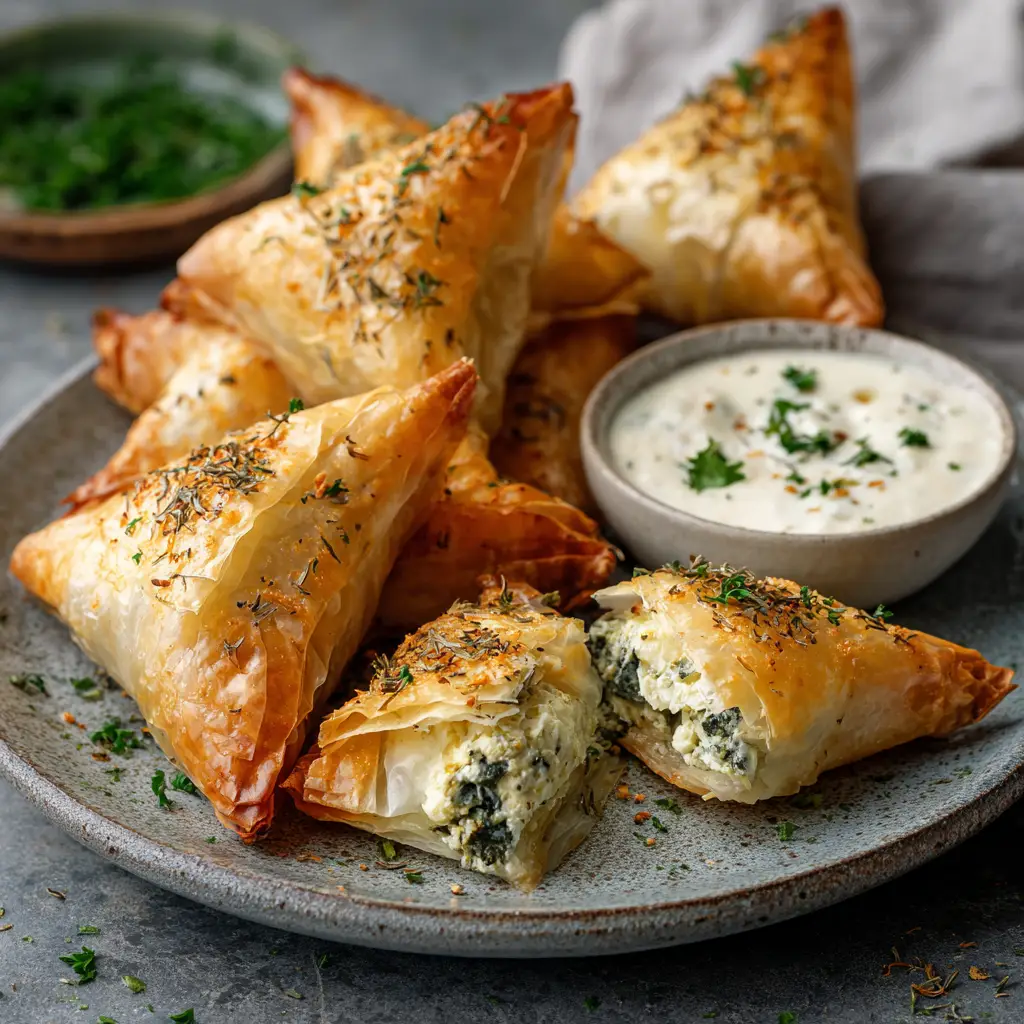 A single, perfectly baked spinach and feta parcel resting on a piece of parchment paper, highlighting the many flaky layers of phyllo pastry.