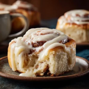 An extreme close-up of a single fluffy cinnamon roll, showing the gooey cinnamon filling and thick cream cheese icing.