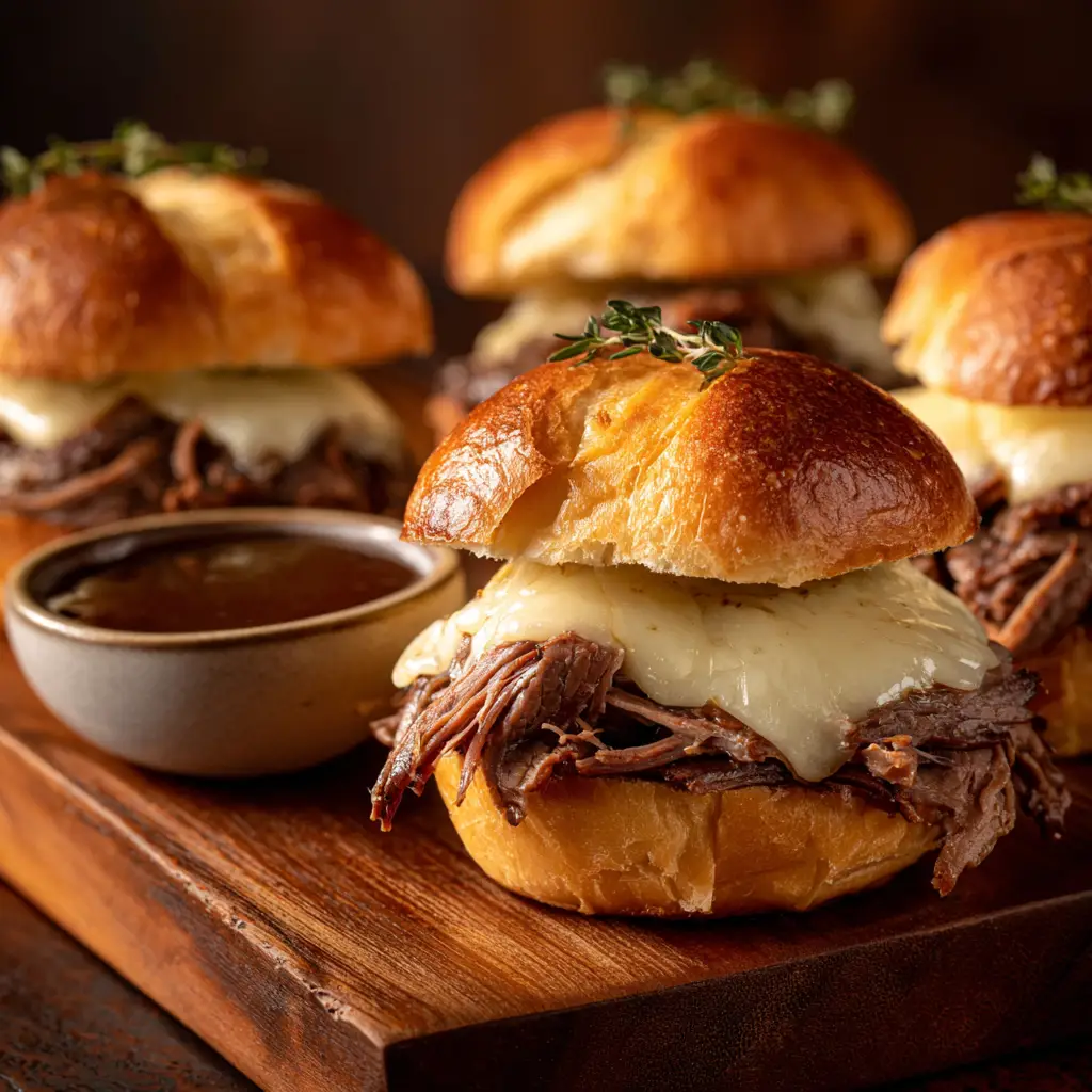 A batch of French Dip Sliders in a baking dish, brushed with garlic butter and topped with sesame seeds, ready to go into the oven.