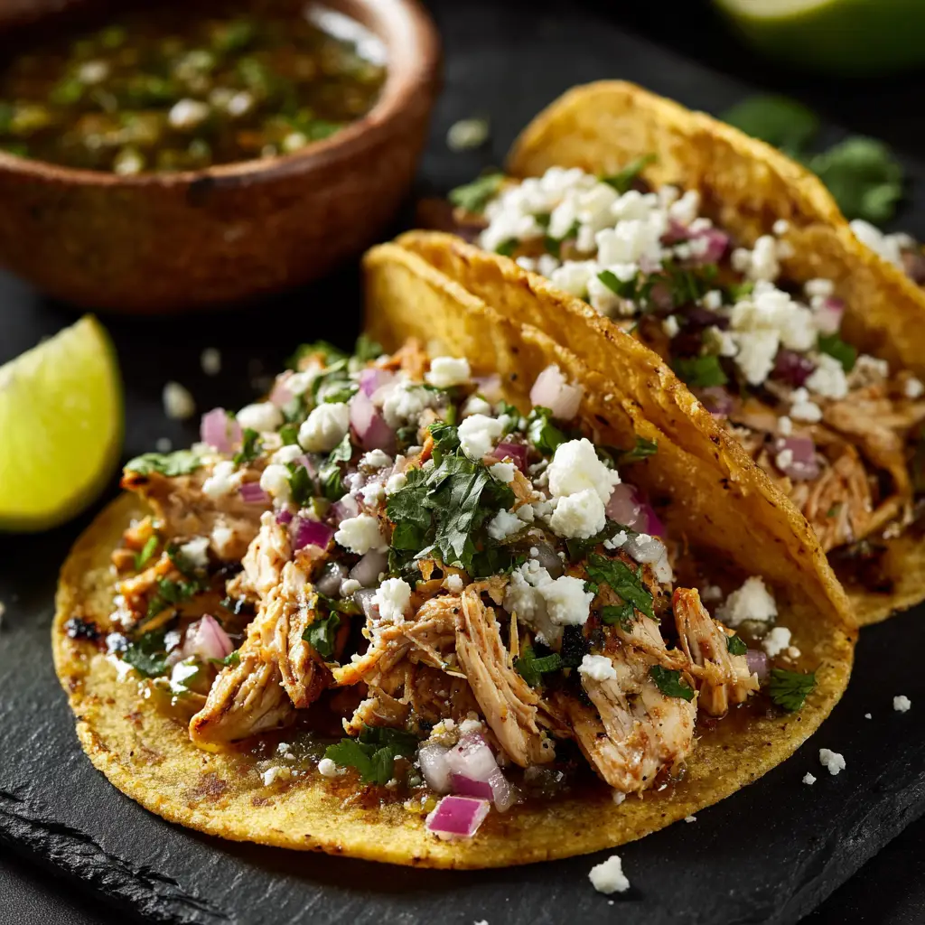 Another perspective on two fresh chicken street tacos, showing the vibrant colors of the ingredients against the soft corn tortillas.