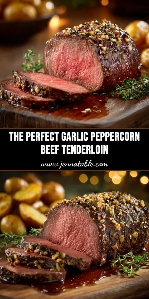 A perfectly cooked Garlic Peppercorn Crusted Beef Tenderloin sliced on a cutting board, revealing a juicy, pink center. The ultimate holiday roast recipe.