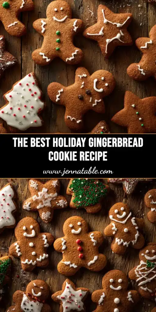 A perfect gingerbread cookie recipe that creates soft, chewy cookies that don't spread. Image shows decorated gingerbread men on a festive background.
