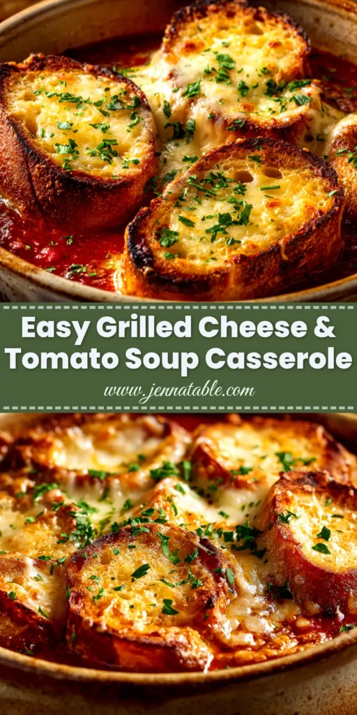 A delicious Grilled Cheese and Tomato Soup Casserole in a white baking dish, showing a cheesy, golden-brown crust. The perfect comfort food recipe.