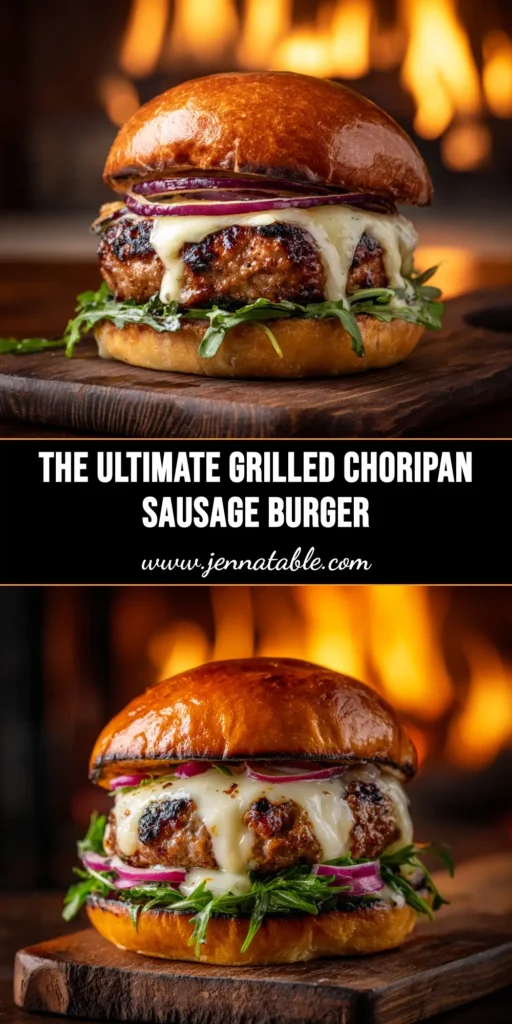 A delicious close-up of a Grilled Choripan sandwich. The grilled chorizo is topped with vibrant green chimichurri sauce and served in a crusty bread roll.