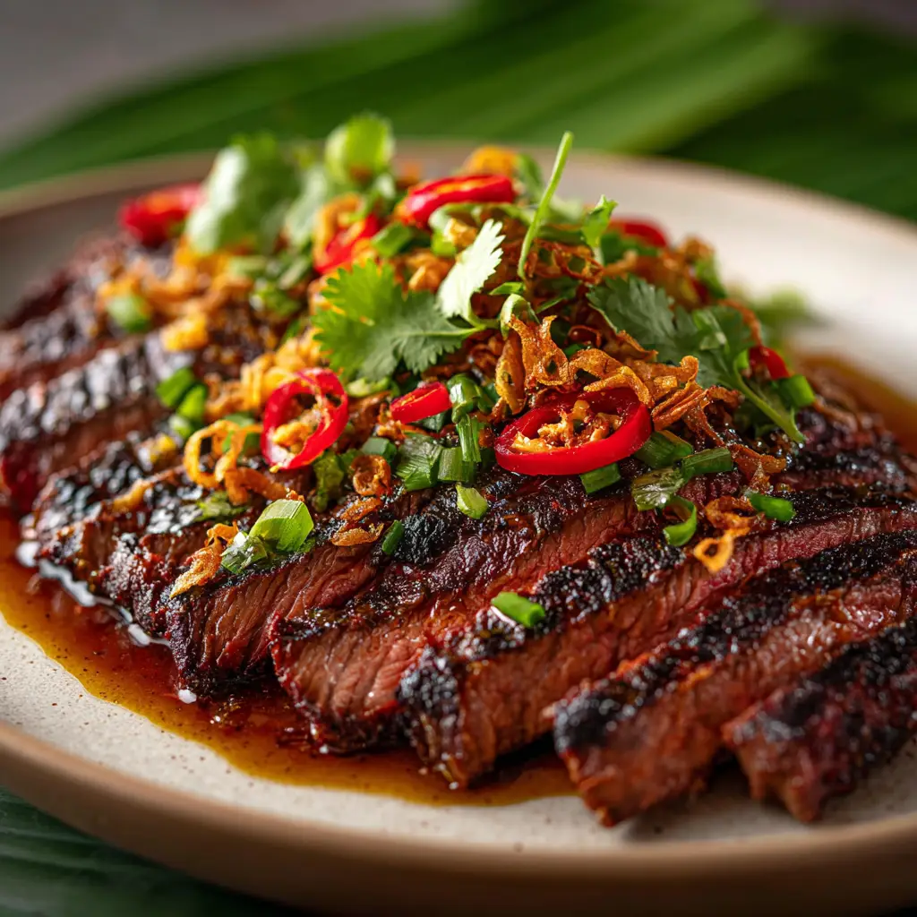 Lemongrass-Ginger Grilled Steak (That's Incredibly Juicy) 1 A perfectly grilled flank steak resting on a wooden cutting board before being sliced, showing beautiful char marks.