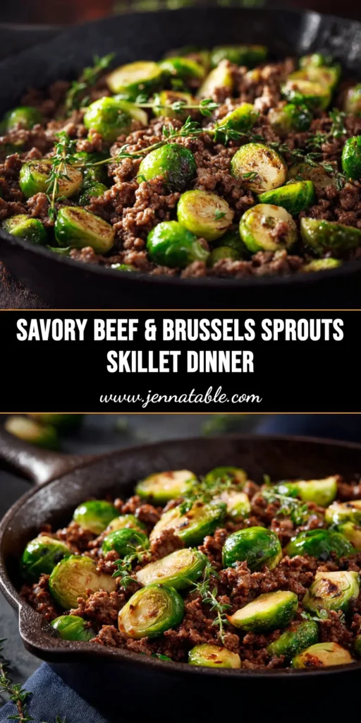 A top-down view of a delicious Ground Beef and Brussels Sprouts skillet, with a text overlay that reads 'Quick & Easy Ground Beef and Brussels Sprouts'.