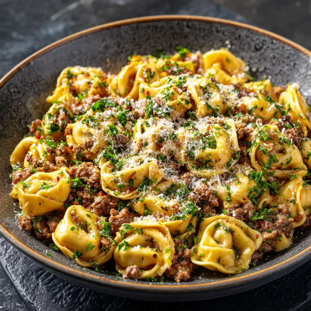 A close-up serving of the ground beef tortellini skillet on a plate, ready to eat. Shows the rich texture of the meat sauce and pasta.