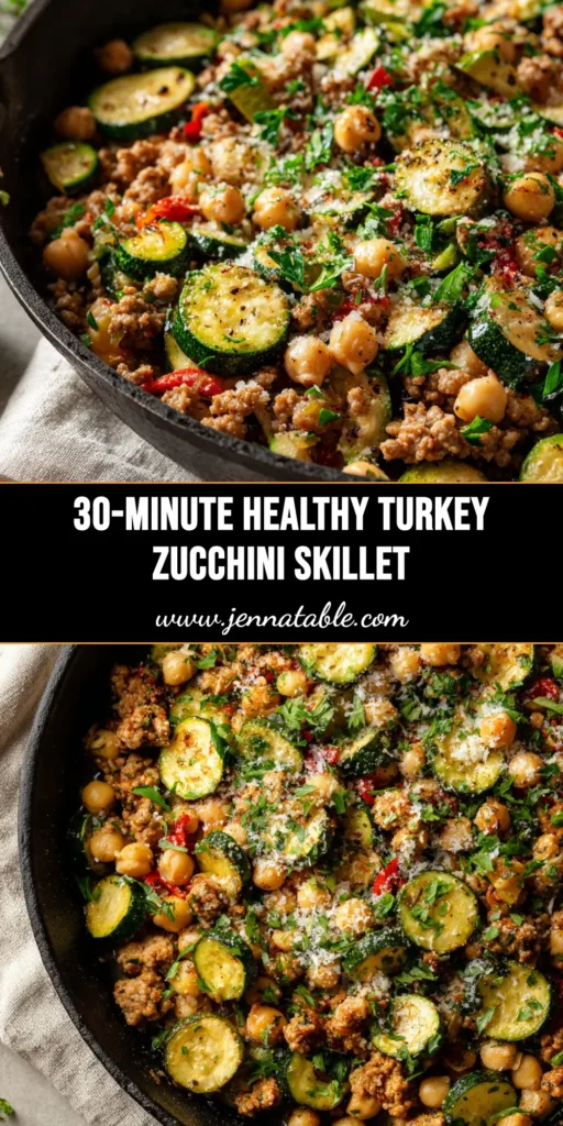 An overhead shot of the finished Ground Turkey Zucchini Skillet in a black cast-iron pan, ready to be served. A wooden spoon rests in the skillet.