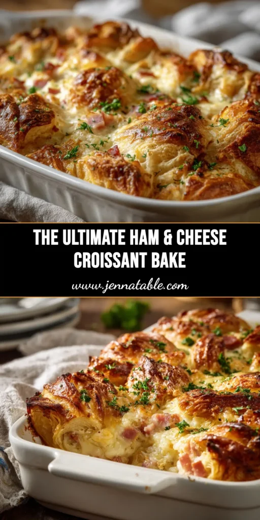 A golden-brown Ham and Cheese Croissant Bake in a white casserole dish, ready to be served for a delicious brunch.