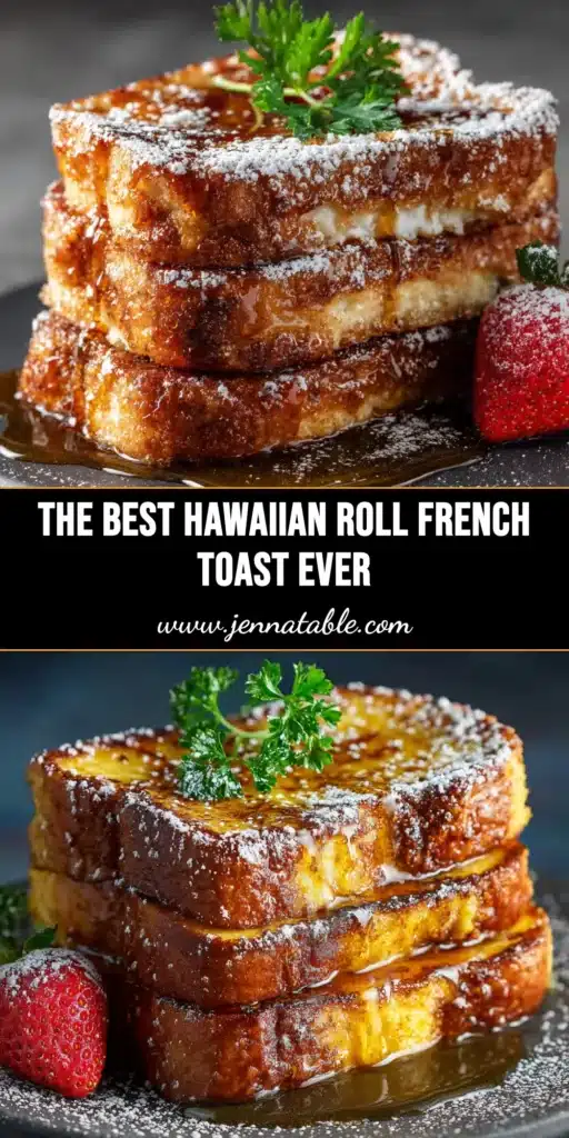 Hawaiian Roll French Toast: The Ultimate Sweet & Fluffy Breakfast 4 A beautiful stack of golden-brown Hawaiian Roll French Toast, dusted with powdered sugar and topped with fresh berries, with a drizzle of maple syrup being poured over it.