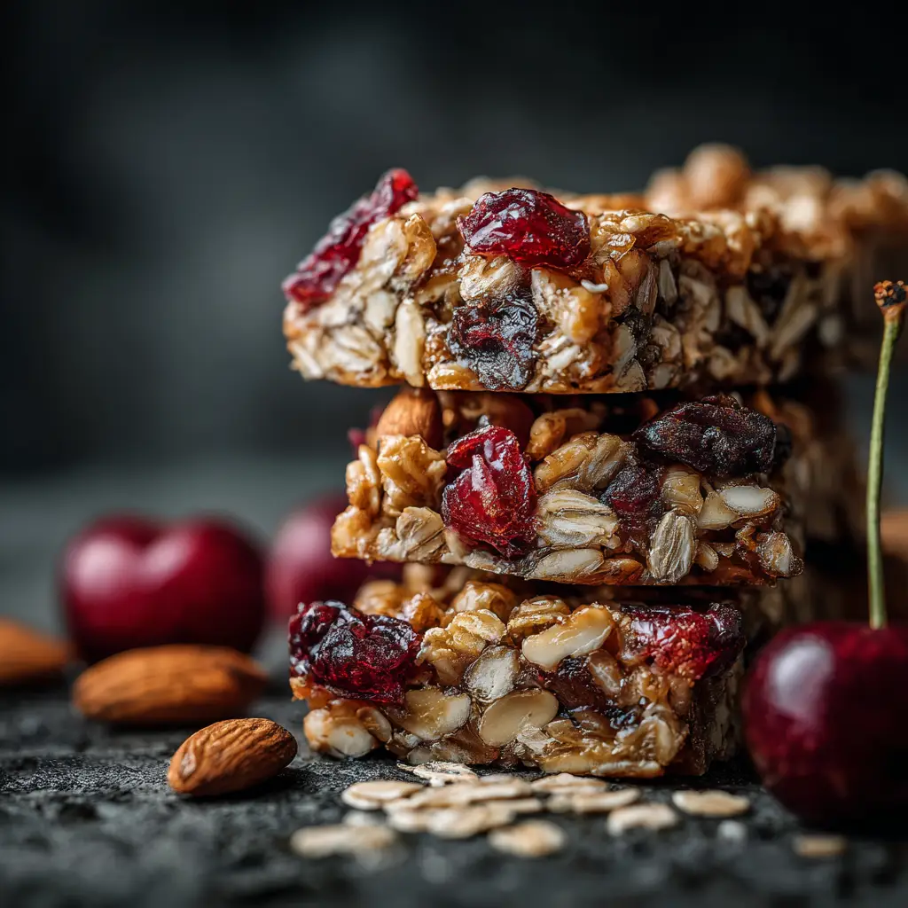 An extreme close-up of healthy cherry almond bars, highlighting the texture of the whole rolled oats and slivered almonds.