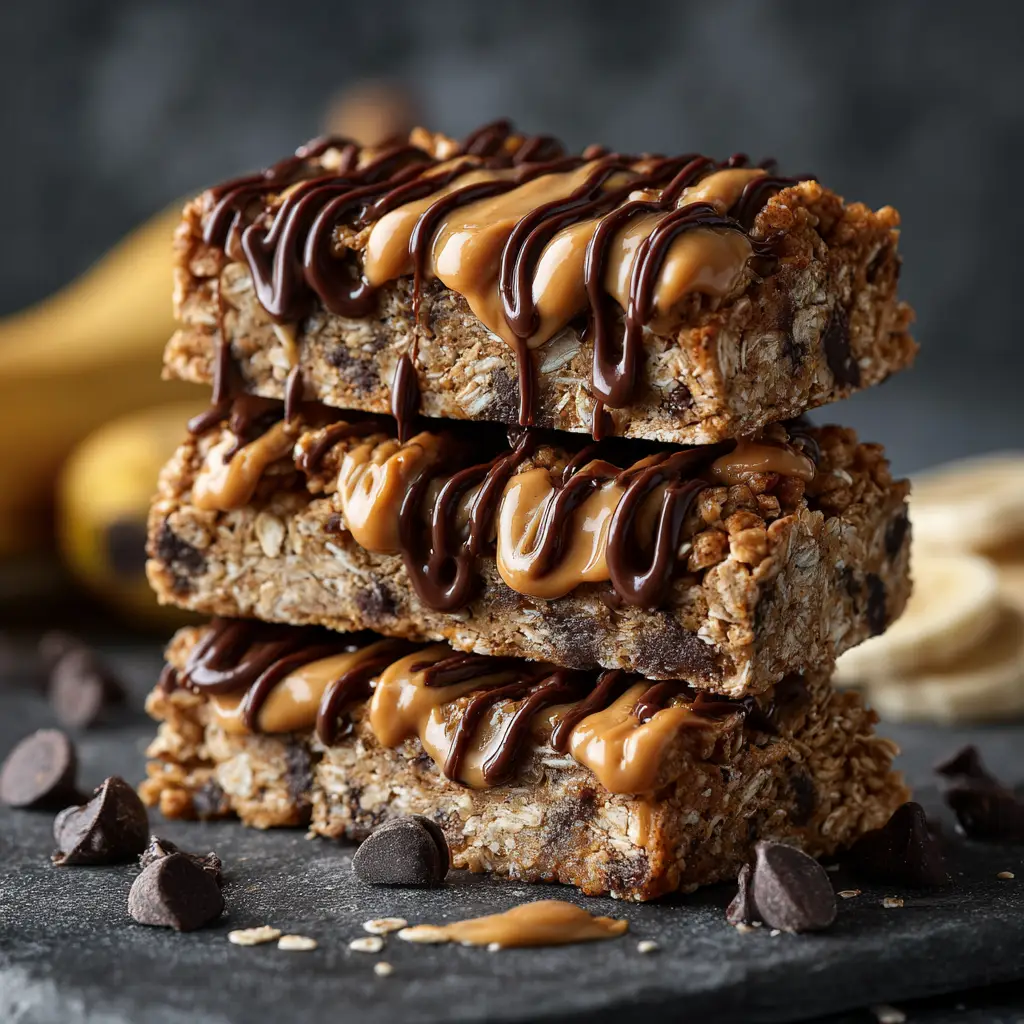 A close-up shot of four healthy breakfast bars made with peanut butter, banana, and oats, stacked neatly on a rustic wooden board.