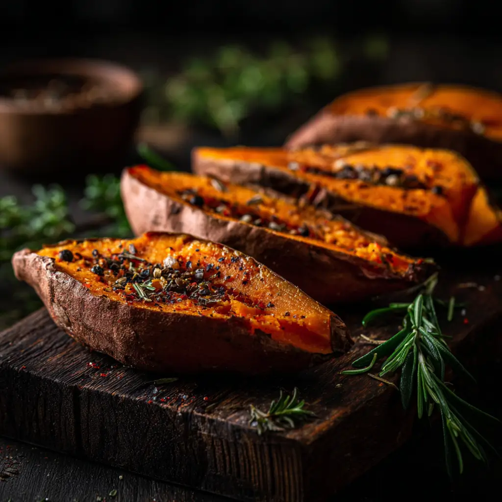 Roasted Sweet Potatoes: The Ultimate Crispy & Savory Recipe 1 A spoonful of delicious roasted sweet potato cubes, seasoned with pepper and herbs, ready to be served as a healthy side dish.
