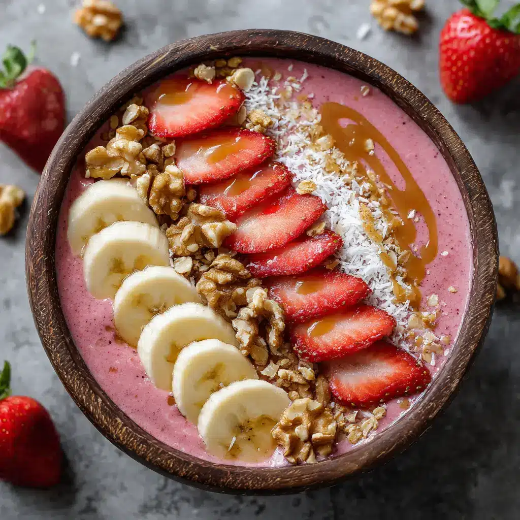 A finished strawberry banana smoothie bowl beautifully arranged with toppings like fresh sliced strawberries, banana, and crunchy granola.