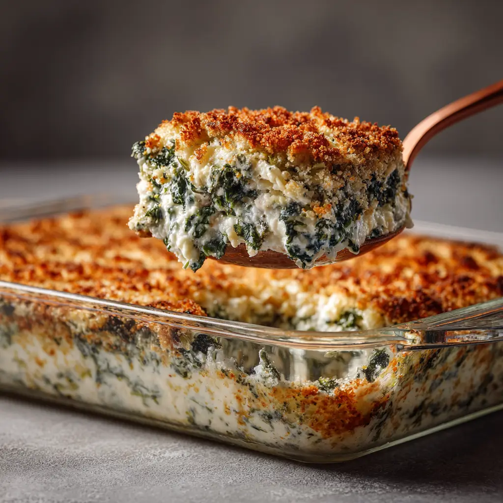 The ingredients for the healthy spinach casserole laid out, including cottage cheese, spinach, eggs, and shredded cheese.