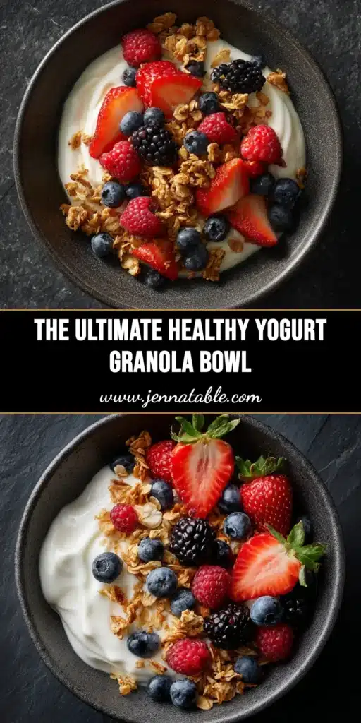 A beautiful and healthy yogurt granola bowl recipe, perfect for a quick breakfast. The bowl features creamy Greek yogurt, crunchy granola, fresh berries, and sliced banana.