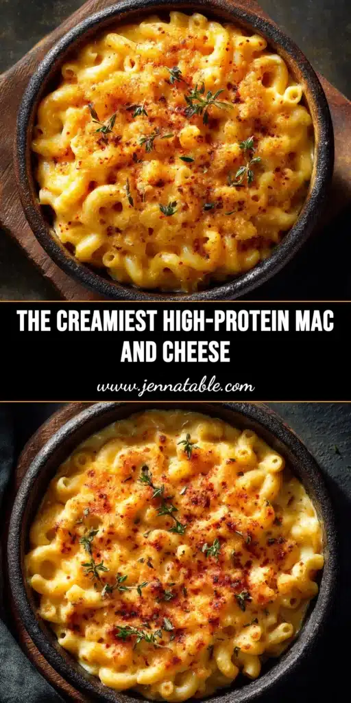A close-up shot of creamy high protein mac and cheese in a white bowl, garnished with fresh parsley. The perfect healthy and delicious comfort food recipe.