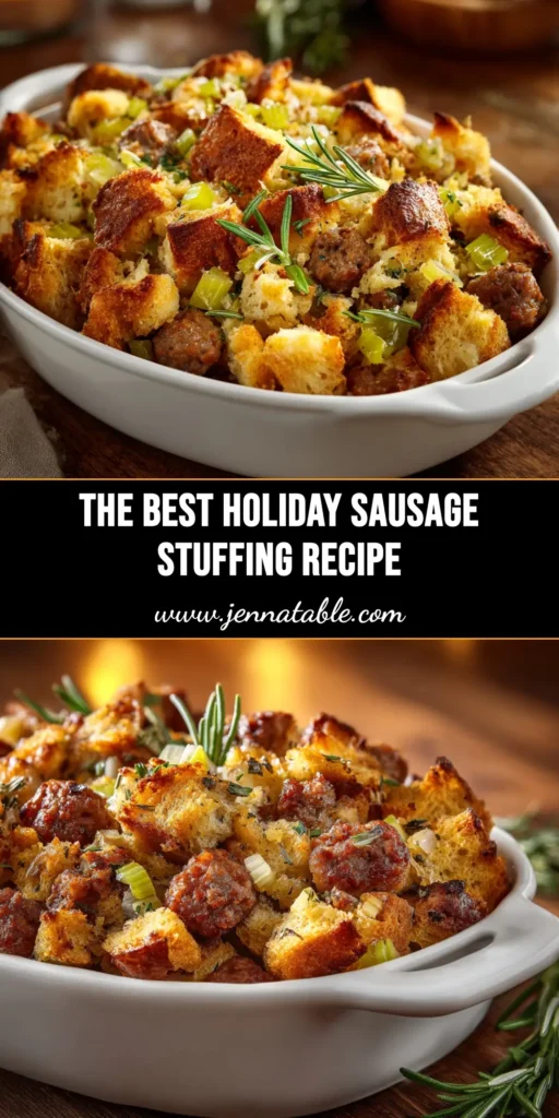 A top-down view of a golden-brown holiday sausage stuffing in a white baking dish, ready to be served for a festive meal.