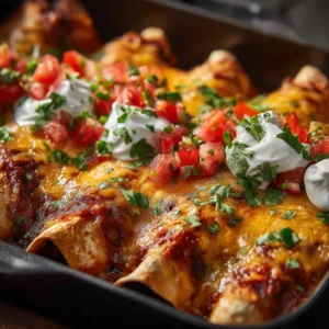 A dark baking dish filled with homemade black bean enchiladas, ready for the oven.