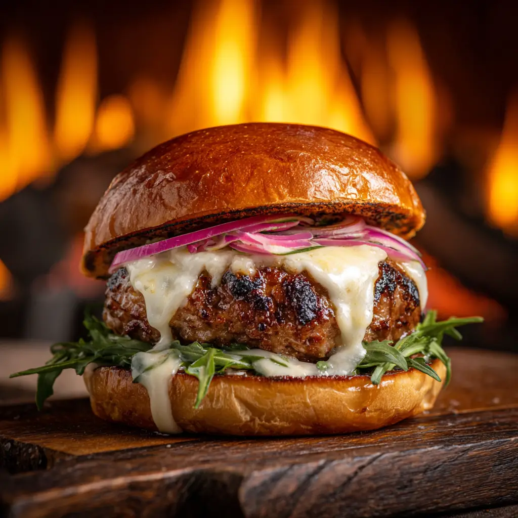 Assembling a homemade choripan with a generous spoonful of fresh chimichurri sauce being added to the grilled sausage.