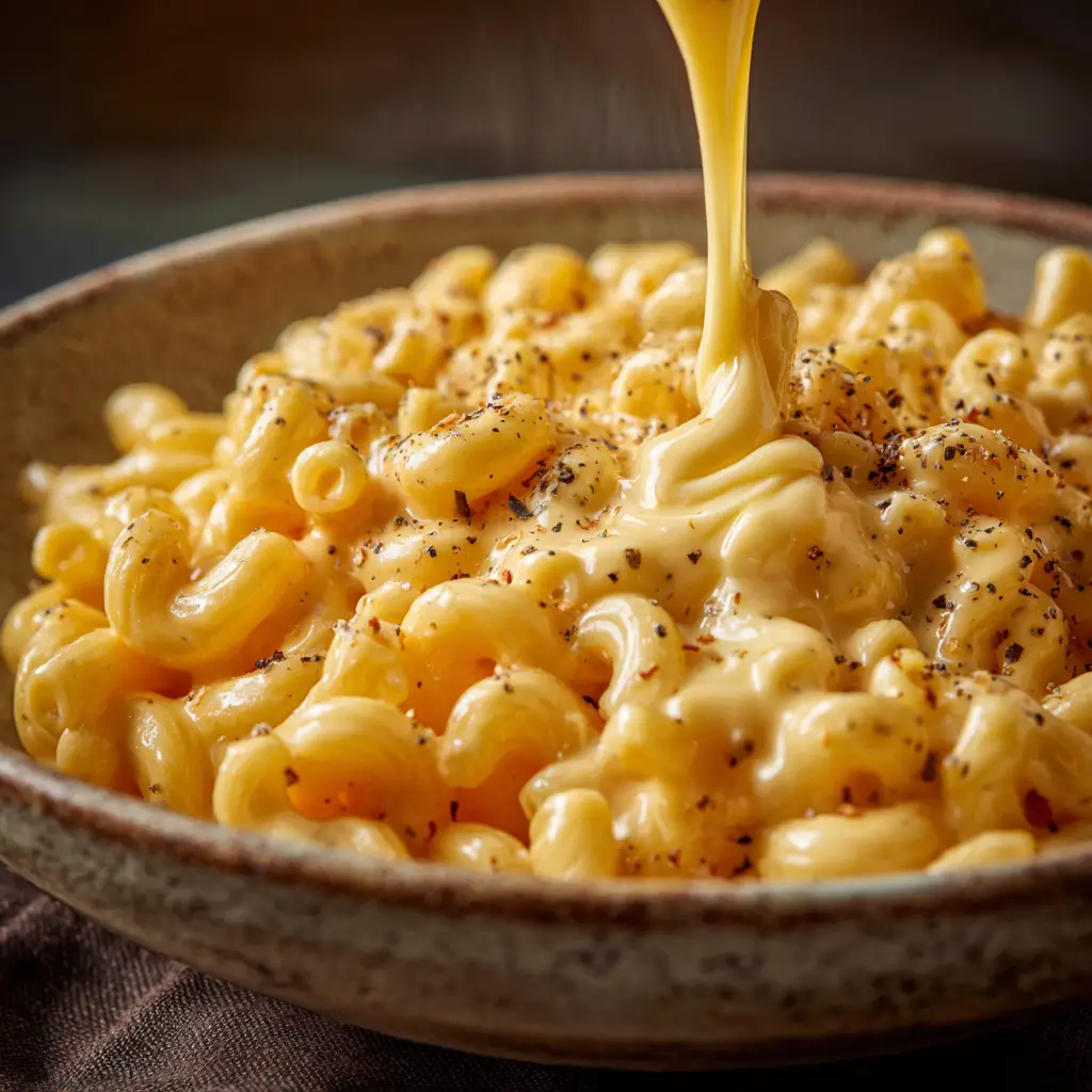 An extreme close-up shot of a fork lifting a scoop of homemade mac and cheese, showing off the velvety cheese sauce.