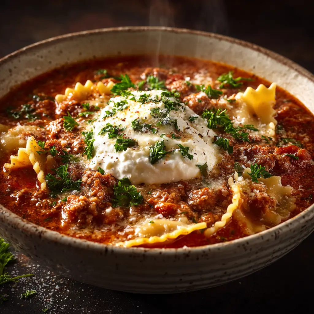 A rustic bowl of homemade lasagna soup being topped with a dollop of fresh ricotta cheese before serving.