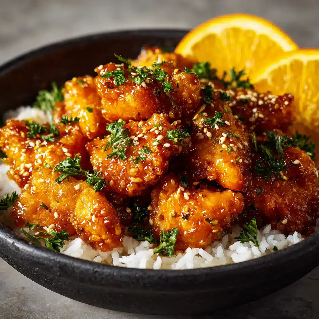Orange Chicken Bowl Recipe (Better Than Takeout!) 2 A close-up shot of crispy chicken pieces being tossed in a glossy, homemade orange chicken sauce in a large wok.