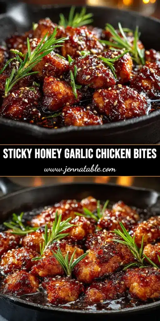 A skewer of sticky honey garlic chicken bites garnished with sesame seeds and green onions, ready to be eaten. A perfect quick dinner recipe.