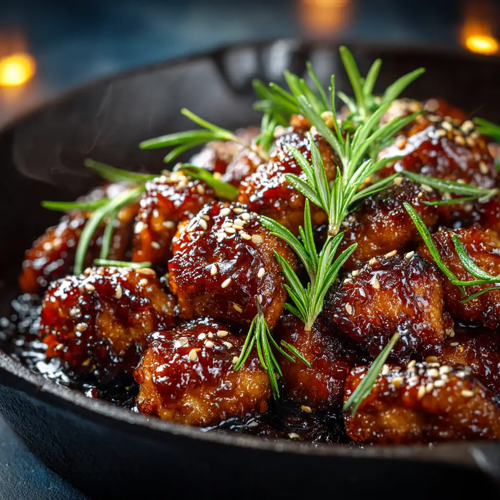 A bowl of cooked honey garlic chicken bites served over a bed of white rice, garnished with fresh green onions.