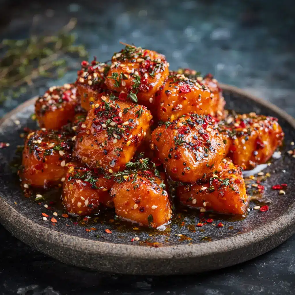 A bowl of hot honey salmon bites served over rice, garnished with sesame seeds and green onions.