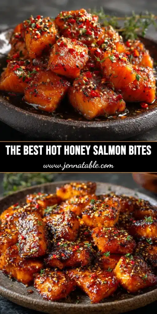 A pin image for the Hot Honey Salmon Bites recipe, showing crispy salmon bites in a bowl with text overlay for Pinterest.