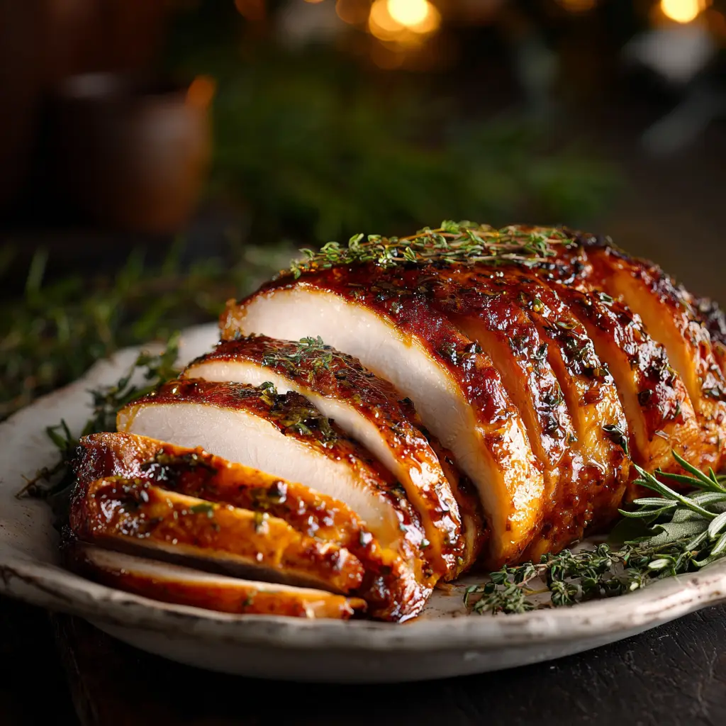 Juicy maple glazed turkey breast on a carving board with fresh herbs, illustrating the perfect holiday main course.