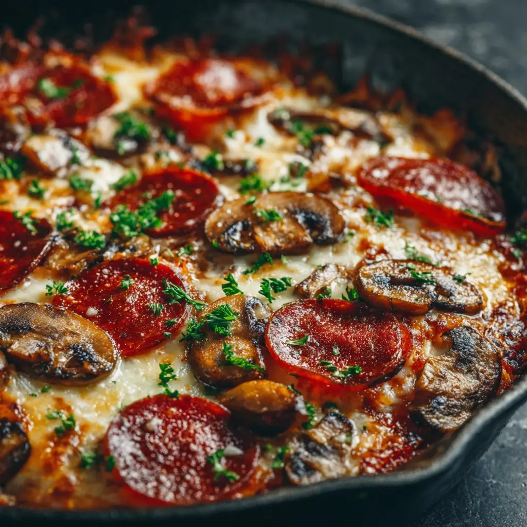 A close-up spoonful of the crustless pizza casserole, showing the rich texture of the meat, sauce, and melted mozzarella cheese.