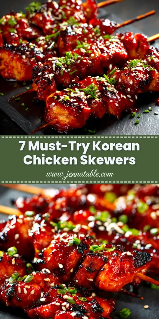 A platter of perfectly grilled Korean Chicken Skewers (Dakkochi) with a vibrant, spicy gochujang glaze. This easy recipe is perfect for sharing on Pinterest.