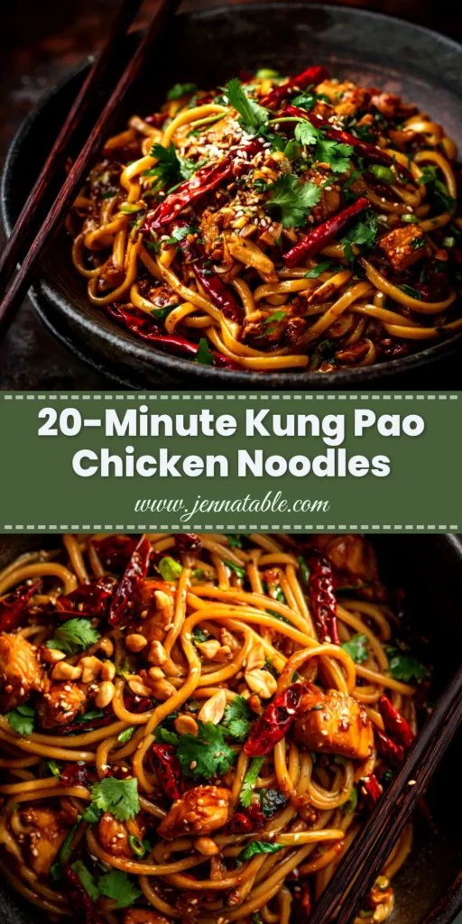 A delicious bowl of homemade Kung Pao Chicken Noodles with chopsticks resting on the side. The noodles are coated in a glossy, dark sauce and mixed with chicken, red peppers, and peanuts.