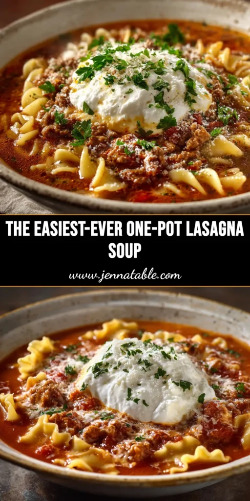 A bowl of rich and hearty Lasagna Soup Recipe, topped with a dollop of ricotta, melted mozzarella, and fresh basil.