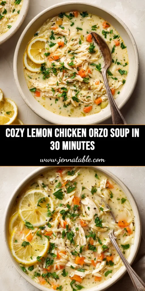 A beautiful overhead shot of a white bowl filled with creamy Lemon Chicken Orzo Soup, garnished with fresh dill and a lemon slice on the side.