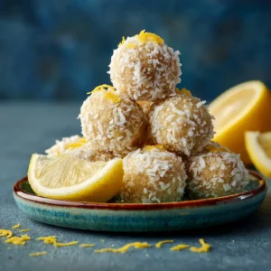 A small pyramid stack of homemade lemon coconut balls, coated in shredded coconut and ready to eat.