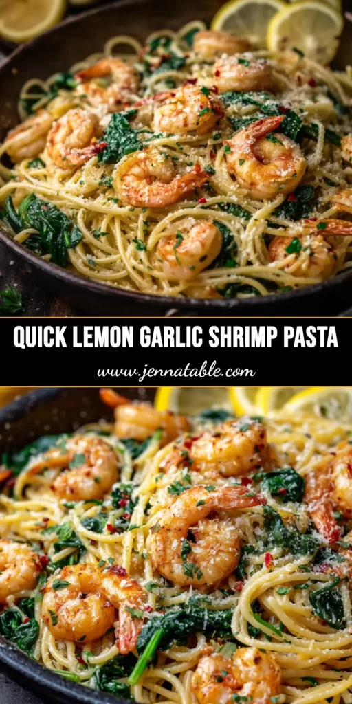 A beautiful swirl of lemon garlic shrimp pasta in a white bowl, garnished with fresh parsley and Parmesan cheese. The perfect quick and easy weeknight dinner recipe.