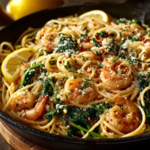 A close-up shot of garlic butter shrimp pasta in a skillet, showing the glossy scampi sauce and freshly chopped parsley.