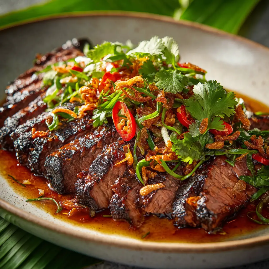 Lemongrass-Ginger Grilled Steak (That's Incredibly Juicy) 2 A close-up shot of the vibrant Asian steak marinade being poured over a raw flank steak in a glass dish.