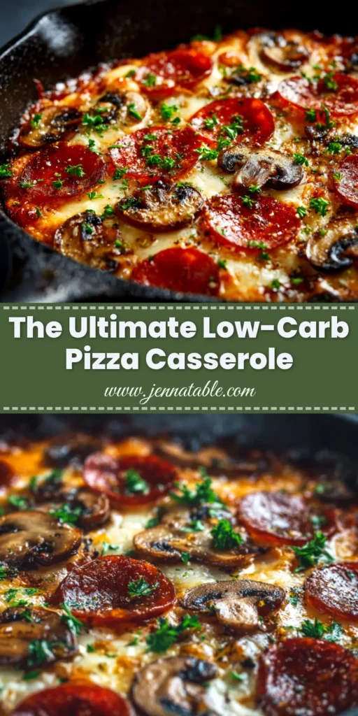 A top-down view of a freshly baked Low Carb Pizza Casserole in a baking dish, with melted cheese and crispy pepperoni.