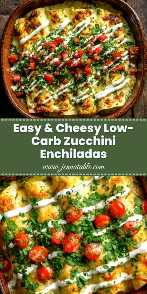 A close-up overhead shot of Low-Carb Zucchini Enchiladas in a white baking dish, topped with melted cheese and fresh cilantro. A perfect keto-friendly dinner.
