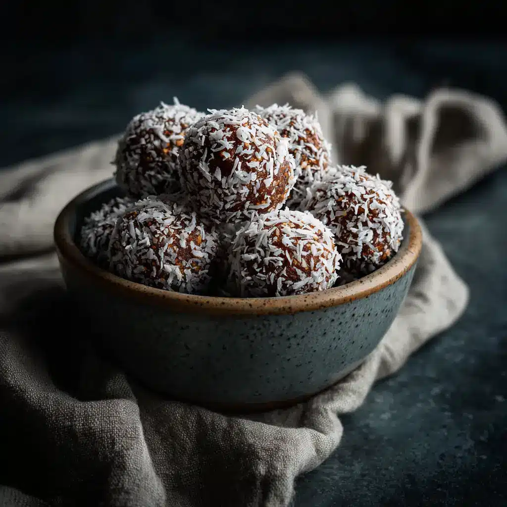 A step-by-step image showing chocolate date ball mixture being rolled in shredded coconut.